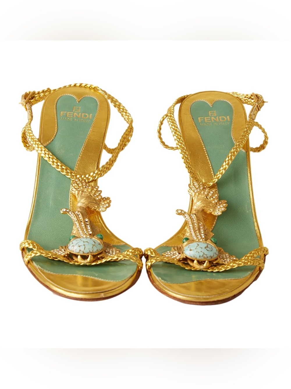 Fendi Gold Braided-Strap Sandals with Turquoise Insole and Gem Accents